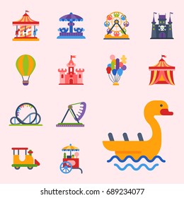 Carousels Amusement Attraction Park Side-show Kids Outdoor Entertainment Construction Vector Illustration.