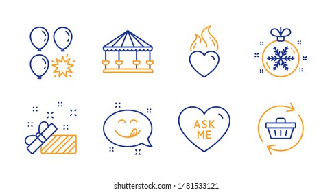 Carousels, Balloon dart and Present line icons set. Christmas ball, Ask me and Heart flame signs. Yummy smile, Refresh cart symbols. Attraction park, Gift. Holidays set. Line carousels icon. Vector