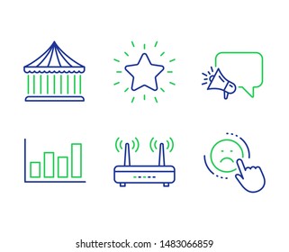 Carousels, Report diagram and Megaphone line icons set. Wifi, Rank star and Dislike signs. Attraction park, Financial market, Brand message. Internet router. Business set. Vector