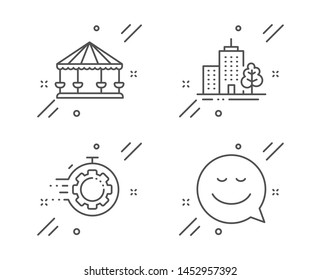 Carousels, Skyscraper buildings and Seo timer line icons set. Smile sign. Attraction park, Town architecture, Cogwheel. Chat emotion. Line carousels outline icon. Vector