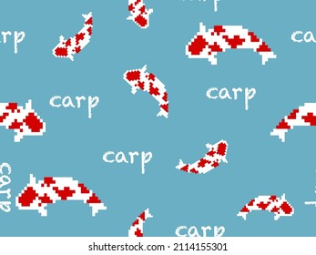 Carp cartoon character seamless pattern on blue background.Pixel style