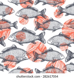 Carp Fish Asian Style Seamless Pattern. Vector Illustration