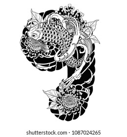 Carp fish and chrysanthemum tattoo by hand drawing.Tattoo art highly detailed in line art style.