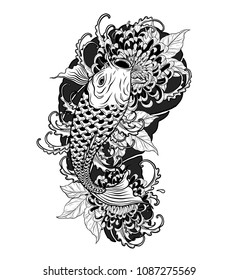 Carp fish and chrysanthemum tattoo by hand drawing.Tattoo art highly detailed in line art style.