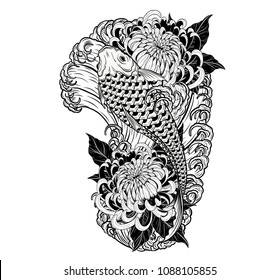 Carp fish and chrysanthemum tattoo by hand drawing.Tattoo art highly detailed in line art style.