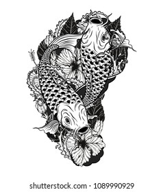 Carp fish and chrysanthemum tattoo by hand drawing.Tattoo art highly detailed in line art style.