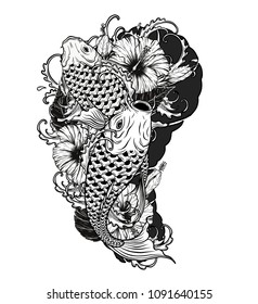 Carp fish and chrysanthemum tattoo by hand drawing.Tattoo art highly detailed in line art style.