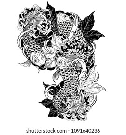 Carp Fish And Chrysanthemum Tattoo By Hand Drawing.Tattoo Art Highly Detailed In Line Art Style.