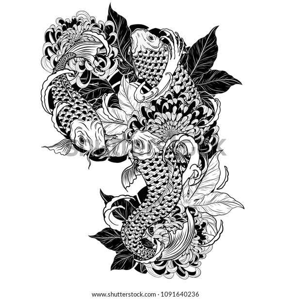 鯉と菊の刺青を手描きで描く のベクター画像素材 ロイヤリティフリー