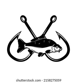 Carp fish with crossed fishing hooks. Design element for logo, emblem, sign, poster, t shirt. Vector illustration