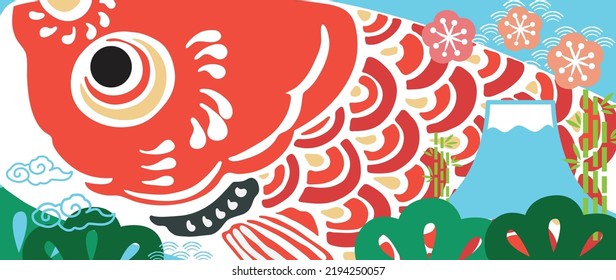 Vector de decoración de peces carpa. Fondo japonés con patrón de onda dibujado a mano. Icono Fuji Mt., bonsai y diseño de banner de símbolo floral de flores de cerezo con plantilla asiática tradicional en estilo vintage. 