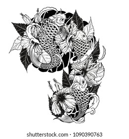 Carp fish and flower tattoo by hand drawing