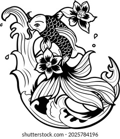Carp fish with flower tattoo Premium Vector