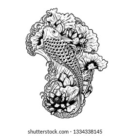 Carp fish with lotus vector tattoo by hand drawing.Beautiful fish on white background.Black and white graphics design art highly detailed in line art style.Koi fish for tattoo or wallpaper.