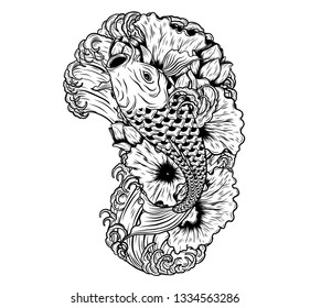 Carp fish with lotus vector tattoo by hand drawing.Beautiful fish on white background.Black and white graphics design art highly detailed in line art style.Koi fish for tattoo or wallpaper.