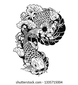 Carp fish with lotus vector tattoo by hand drawing.Beautiful fish on white background.Black and white graphics design art highly detailed in line art style.Koi fish for tattoo or wallpaper.