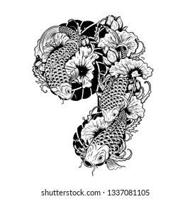 Carp fish with lotus vector tattoo by hand drawing.Beautiful fish on white background.Black and white graphics design art highly detailed in line art style.Koi fish for tattoo or wallpaper.