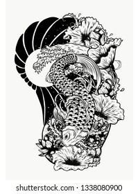 Carp fish with lotus vector tattoo by hand drawing.Beautiful fish on white background.Black and white graphics design art highly detailed in line art style.Koi fish for tattoo or wallpaper.