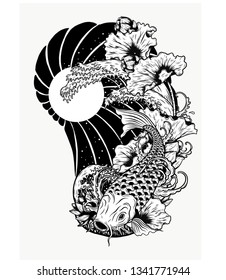 Carp fish with lotus vector tattoo by hand drawing.Beautiful fish on white background.Black and white graphics design art highly detailed in line art style.Koi fish for tattoo or wallpaper.