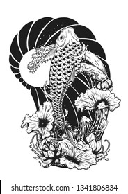 Carp fish with lotus vector tattoo by hand drawing.Beautiful fish on white background.Black and white graphics design art highly detailed in line art style.Koi fish for tattoo or wallpaper.
