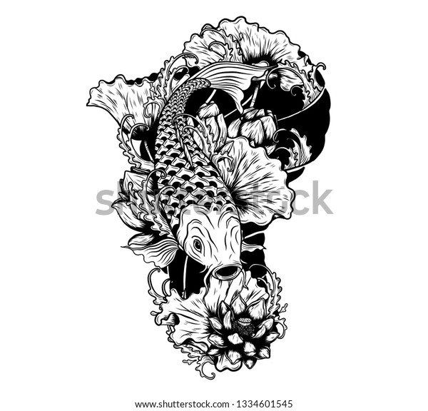 白い背景に魚の美しい魚 線画様式の白黒のグラフィックデザインアート 刺青や壁紙用の鯉 のベクター画像素材 ロイヤリティフリー