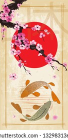 carp fish, sakura branch against the sun. Hieroglyph translate - Japan