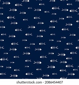 Carp fish skeleton seamless pattern vector illustration in white and dark blue colors. Ocean or sea background. Fish skeleton bones isolated. Marine summer design.