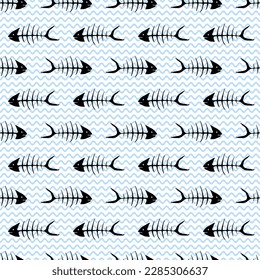 Carp fish skeleton seamless pattern vector illustration in white and blue colors. Ocean or sea waves background. Fish skeleton bones isolated. Marine summer design.