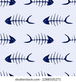 Carp fish skeleton seamless pattern vector illustration in white and blue colors. Ocean or sea waves background. Fish skeleton bones isolated. Marine summer design.