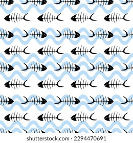 Carp fish skeleton seamless pattern vector illustration in white and blue colors. Ocean or sea waves background. Fish skeleton bones isolated. Marine summer design.