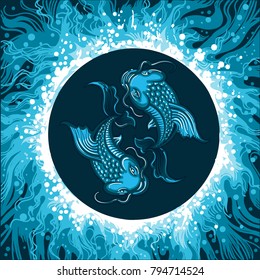 Carp Fishes in Water. Zodiac symbol of Pisces on water background. Vector illustration.