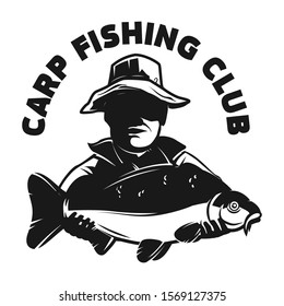 Carp fishing club. Emblem template with carp fish and fisherman. Design element for logo, label, sign, poster. Vector illustration