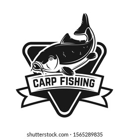 Carp fishing. Emblem template with carp fish. Design element for logo, label, sign, poster. Vector illustration