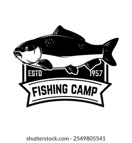 Pesca de la carpa. Plantilla de emblema con peces carpa. Elemento de diseño para el logotipo, etiqueta, muestra, cartel. Ilustración vectorial