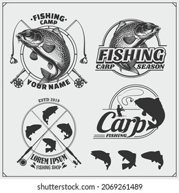 Emblemas y etiquetas de pesca de carpa. Gráficos realistas en blanco y negro.