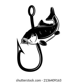 Carpa y anzuelo de pesca. Elemento de diseño para emblema, signo, insignia, logotipo. Ilustración del vector