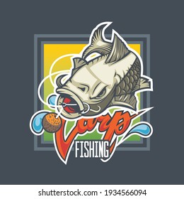 Logo de la pesca de carpa con peces y cebo.