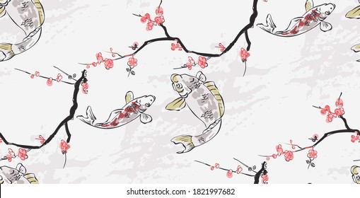 carp koi fish nature landscape view vector sketch illustration japanese chinese oriental line art ink seamless