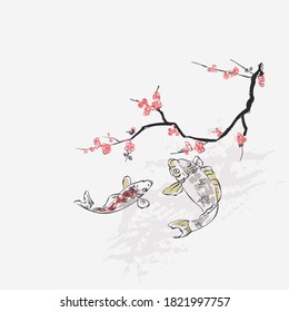 carpa koi pez naturaleza paisaje vista vectorial ilustración de dibujo chino japonés línea oriental carta de tinta