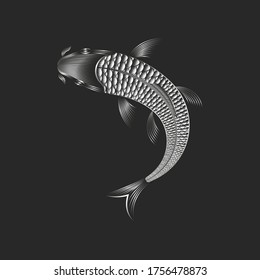 Carp koi fish silhouette top view, linear art for tattoo design or fashion print on clothes.