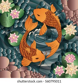 Carp Koi fish swimming in a pond with water lilies, vector illustration