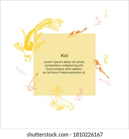 Carp koi hand drawn vector illustration. Carp koi with text space. Koi on yellow square and white background. Invitations with koi. 