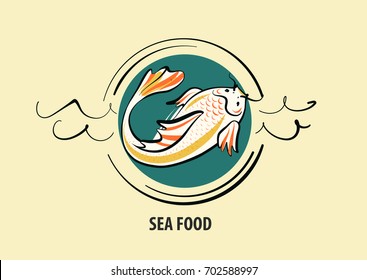Carp koi on sea wave on light background. Template logo for fish menu sea food. Sketch vector illustation. 