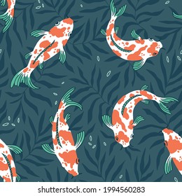 Carp koi patrón sin fisuras dibujado a mano. Diseño de tela oriental china y japonesa. Diseño de fondo de escritorio con carpa koi. Arte mural oceánico y ondulado. Ilustración vectorial.