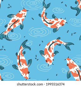 Carp koi patrón sin fisuras dibujado a mano. Diseño de tela oriental china y japonesa. Diseño de fondo de escritorio con carpa koi y gotas en el agua. Arte mural oceánico y ondulado. Ilustración vectorial.