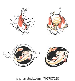 Carp Koi. Set of four image  fish. Template logo. Sketch vector illustration. 