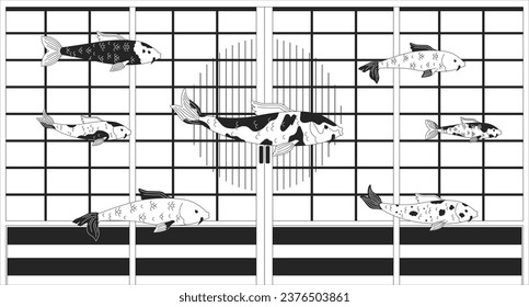 Carp koi swimming in flooded house black and white lofi wallpaper. Traditional japanese door nishikigoi fish 2D outline characters cartoon flat illustration. Vector line lo fi aesthetic background