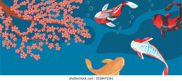 Carp Koi traditional sacred Japanese fish horizontal vector Illustration, design element for banner, poster