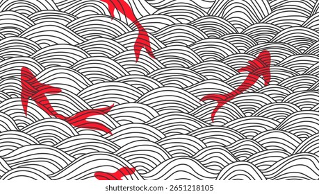 Carp Koi Wave Seamless Pattern Linear Style. Sea Minimalist Background Hand Drawn. Wave Outline Pattern. Ocean Linear Waves Ornament for Textile, Fabric and Wrapping Paper. Vector Illustration. Not A