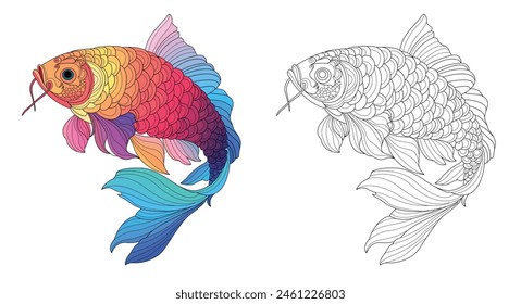 Carp in mandala style for coloring book, vector illustrations for adults. Anti-stress coloring for adults. Carp in two versions, colored stripes and black and white.